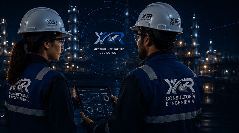 Consultores X&R en planta industrial revisando indicadores en tablet