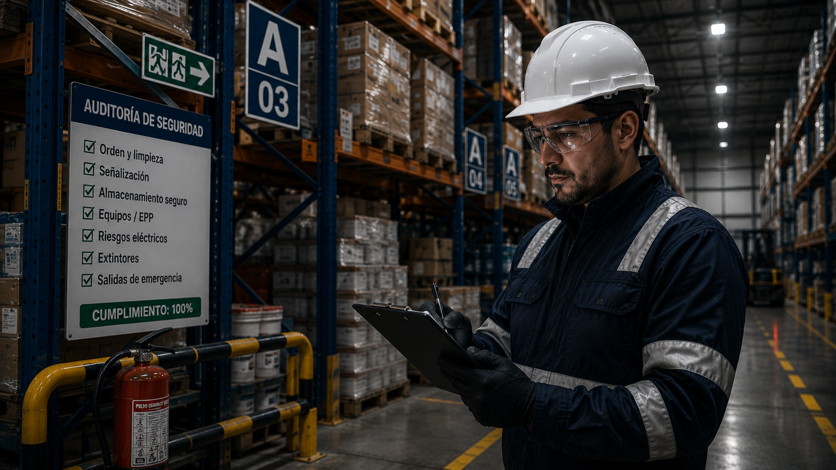 Consultor X&R realizando una auditoría de seguridad en almacén