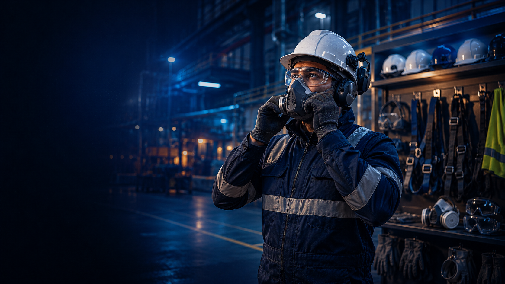 Colaborador X&R ajustándose respirador con equipos de protección al fondo