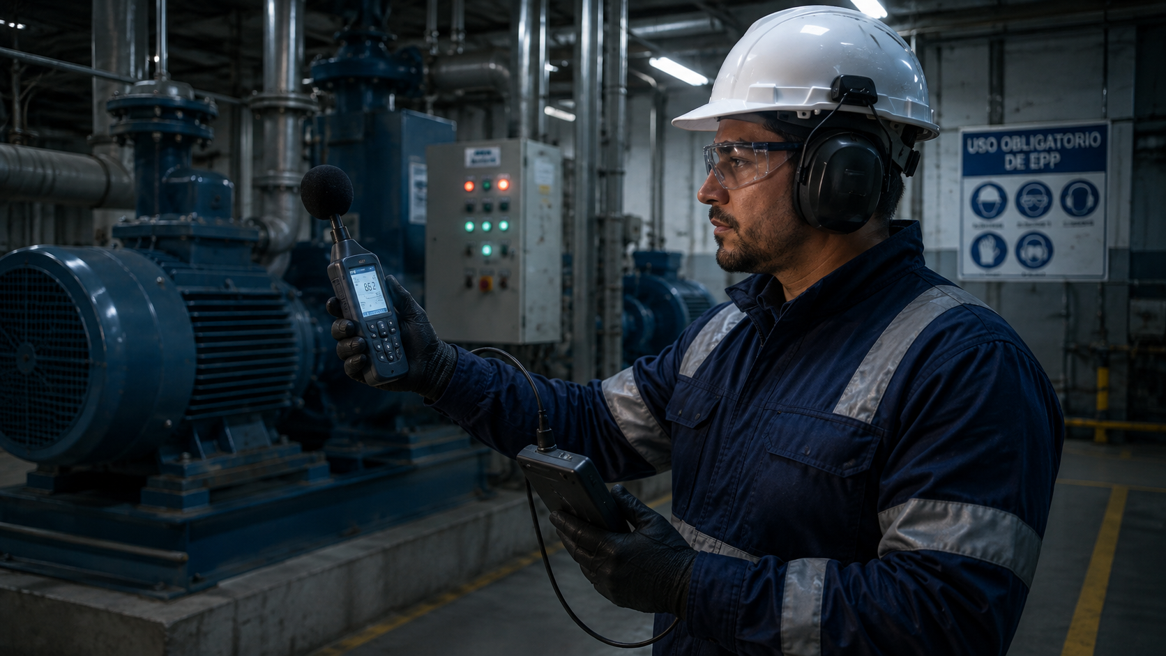 Consultor X&R midiendo ruido industrial con sonómetro