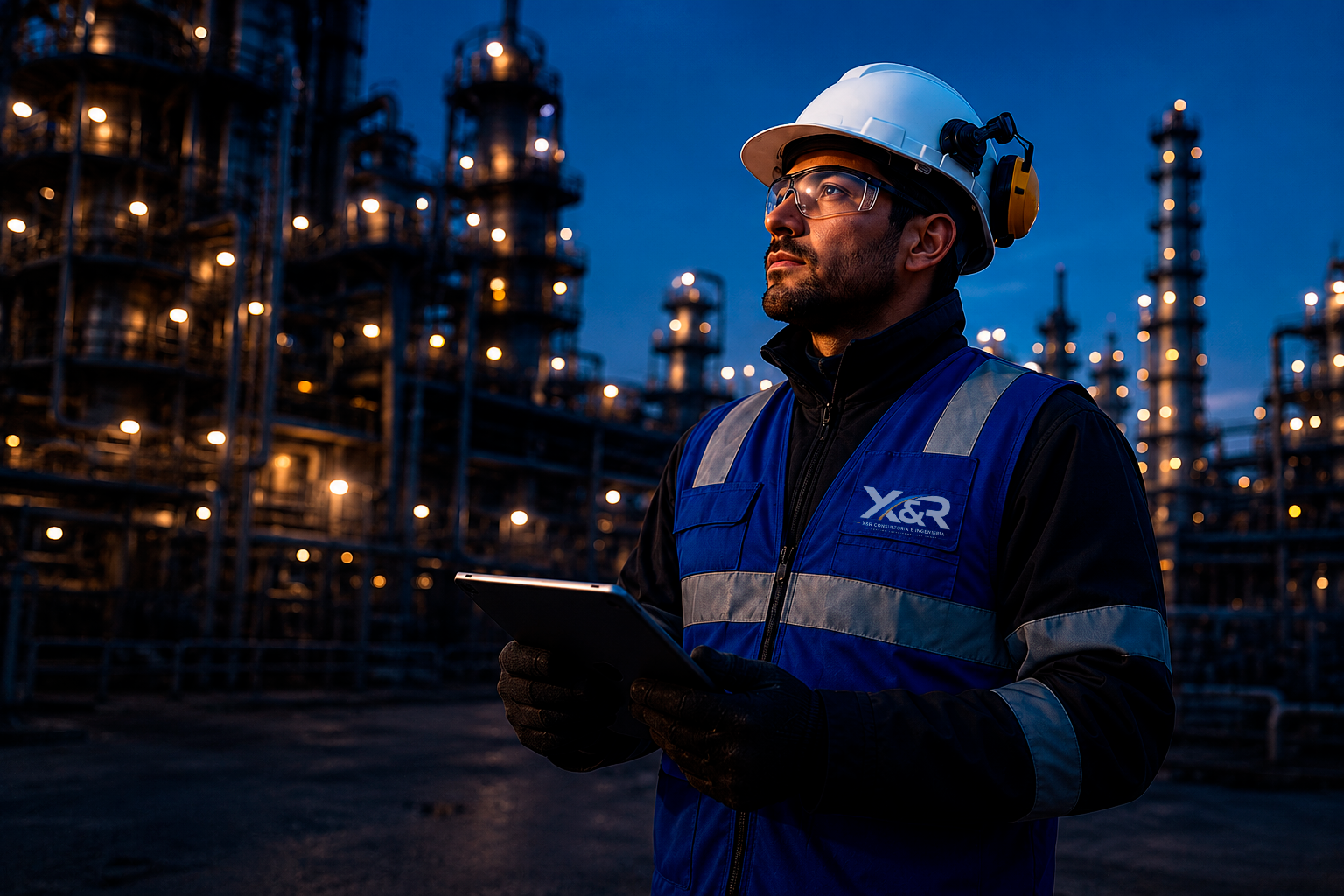 Consultor X&R con tablet supervisando una planta industrial